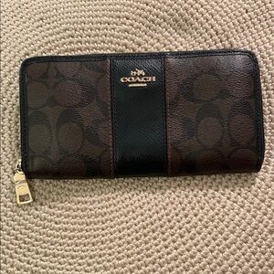 Coach Brown Signature Zip Wallet with Black Center Panel
